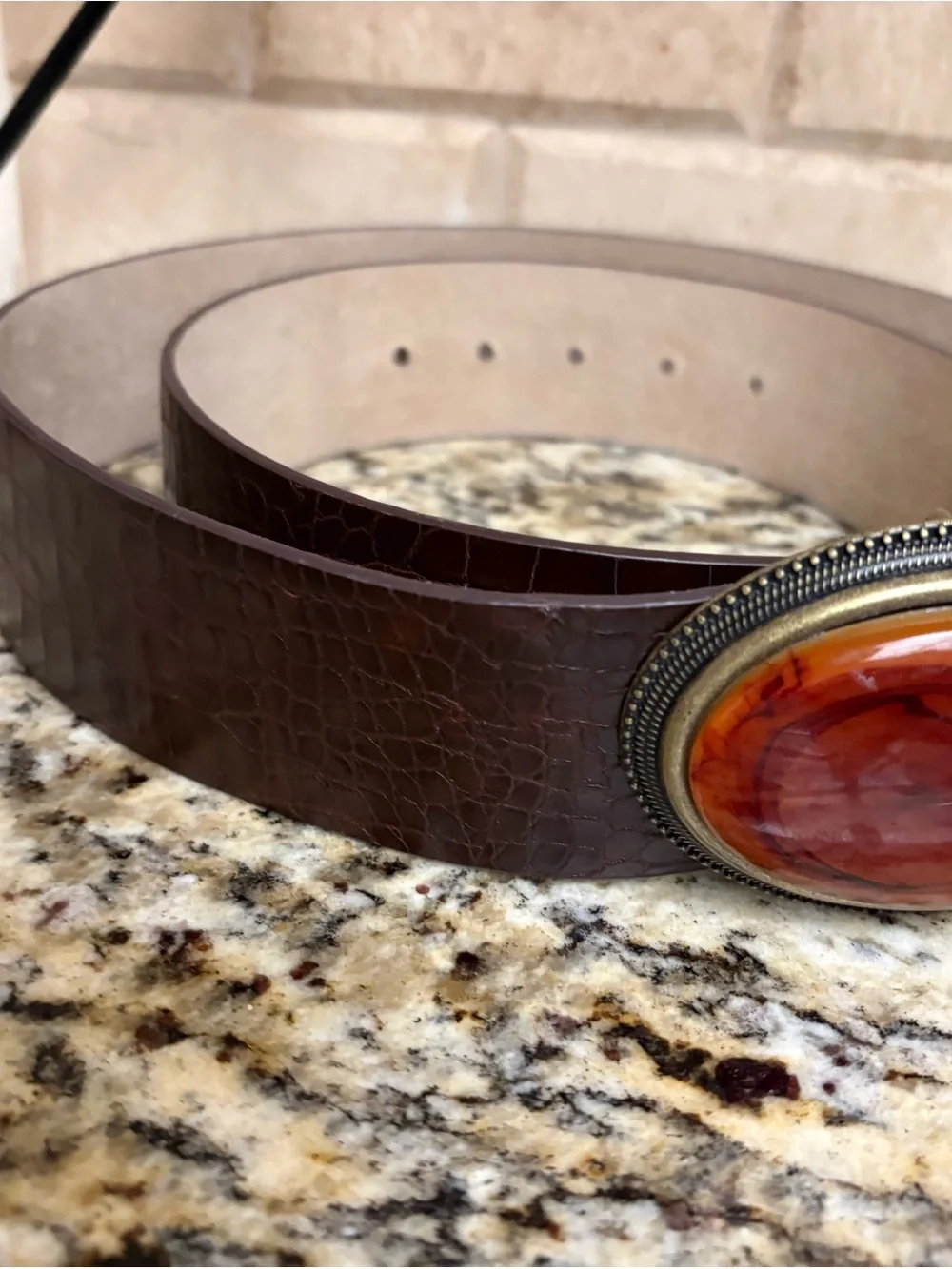 Chico's Dark Brown Croc-Embossed Belt with Amber Oval Buckle